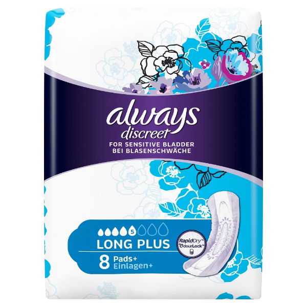 ALWAYS SAN TOWEL DISCREET PADS LONG PLUS 8 - 3872835